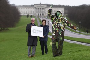 PRESS RELEASE IMAGE 25/1/16: The Woodland Trust is leading over 40 organisations in the creation of a modern-day Charter for Trees, Woods and People. Pictured launching the campaign are the Woodland Trust’s director Patrick Cregg and tree lady Rosie Irwin; with Anna Lo MLA, Chair of the Assembly’s Environment Committee. The charter will be rooted in individuals’ stories and memories of trees; it will enlist the support of Champions who will organise events that reconnect people with nature; and will provide guidance to help shape government policy. Find out how to get involved at www.treecharter.uk Picture: Michael Cooper